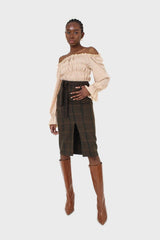 Khaki check belted wool midi skirt