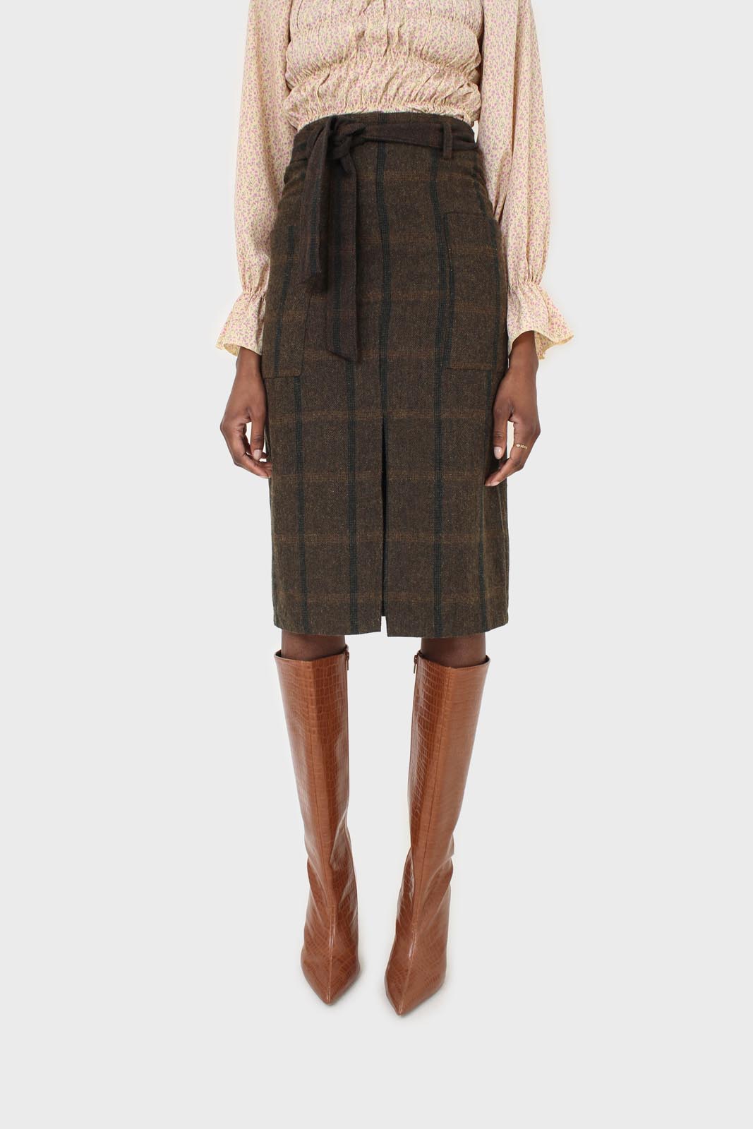 Khaki check belted wool midi skirt