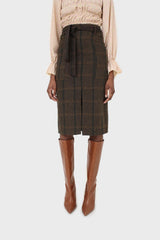 Khaki check belted wool midi skirt