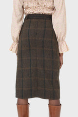 Khaki check belted wool midi skirt