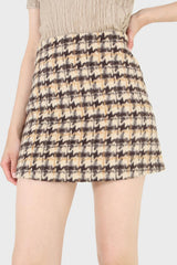 Brown houndstooth fuzzy mini skirt