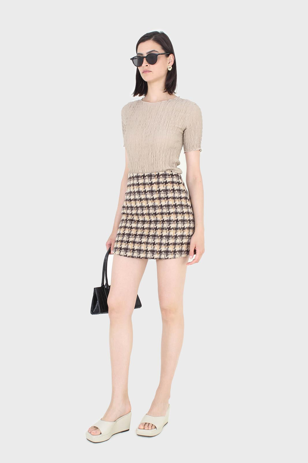 Brown houndstooth fuzzy mini skirt