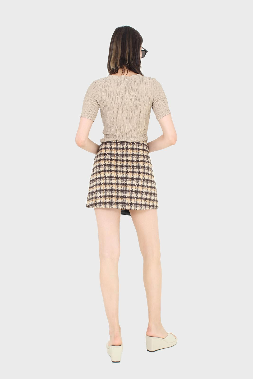 Brown houndstooth fuzzy mini skirt