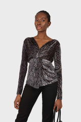Grey and black zebra twist front off shoulder top