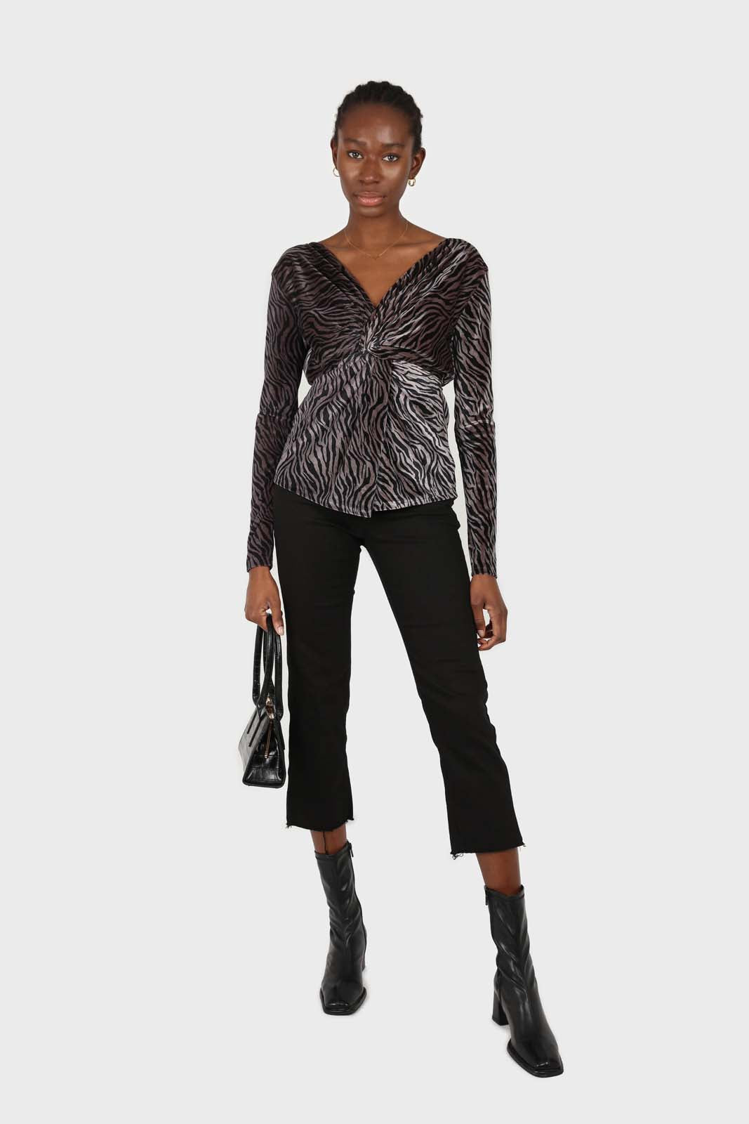 Grey and black zebra twist front off shoulder top