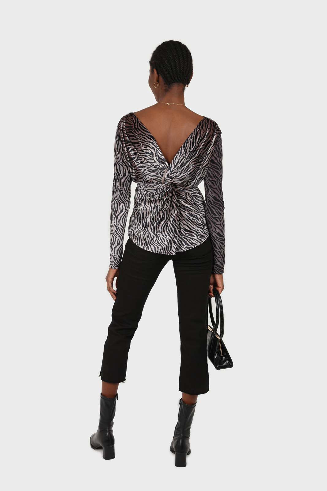 Grey and black zebra twist front off shoulder top