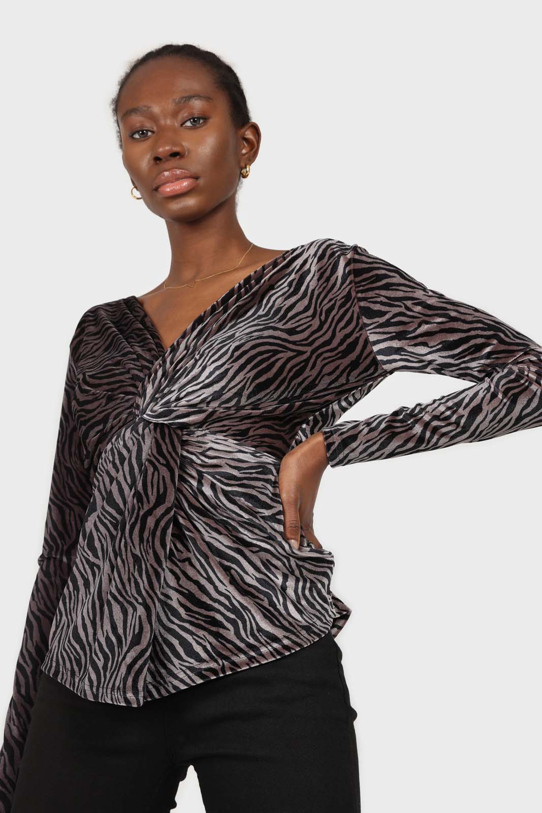 Grey and black zebra twist front off shoulder top