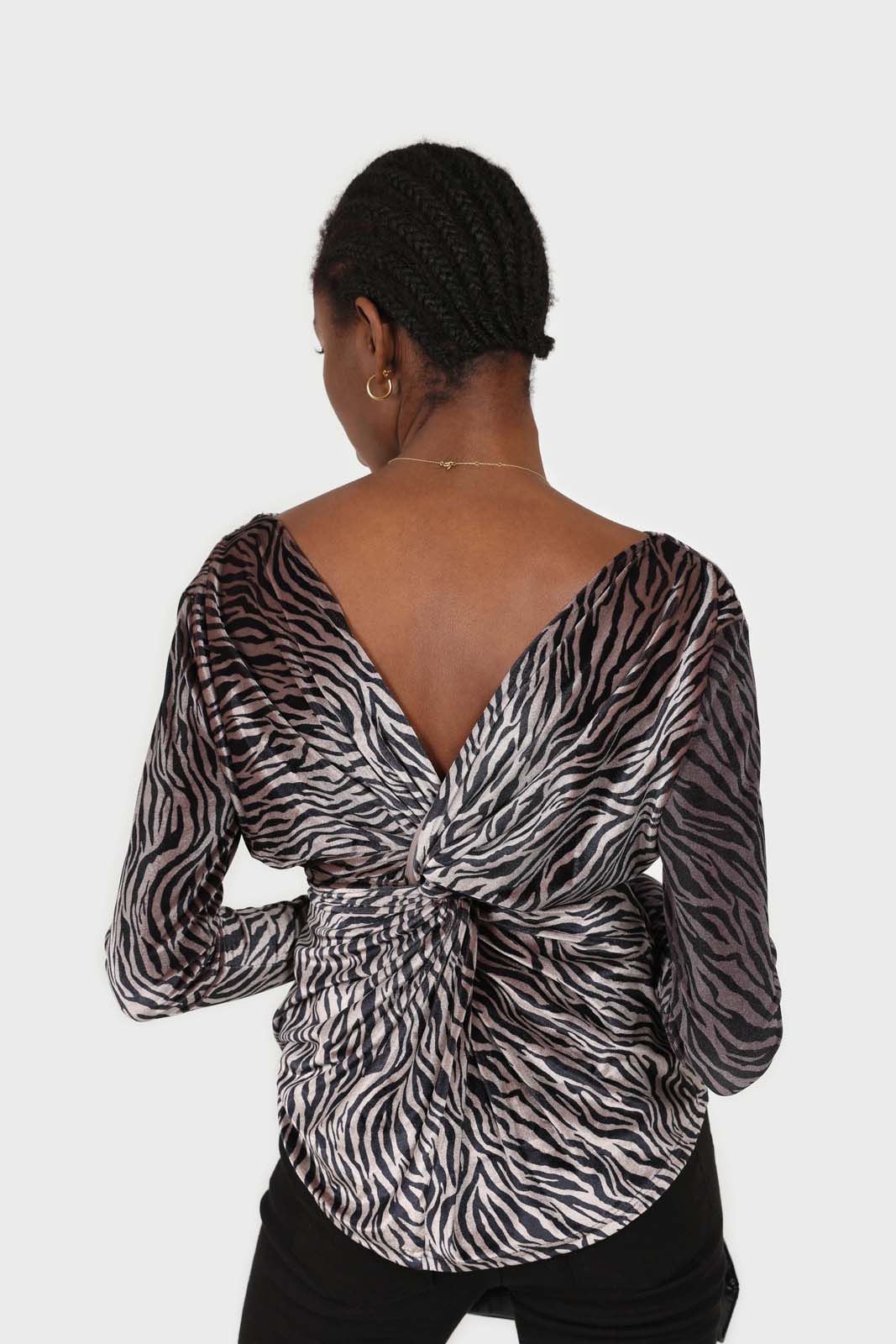 Grey and black zebra twist front off shoulder top
