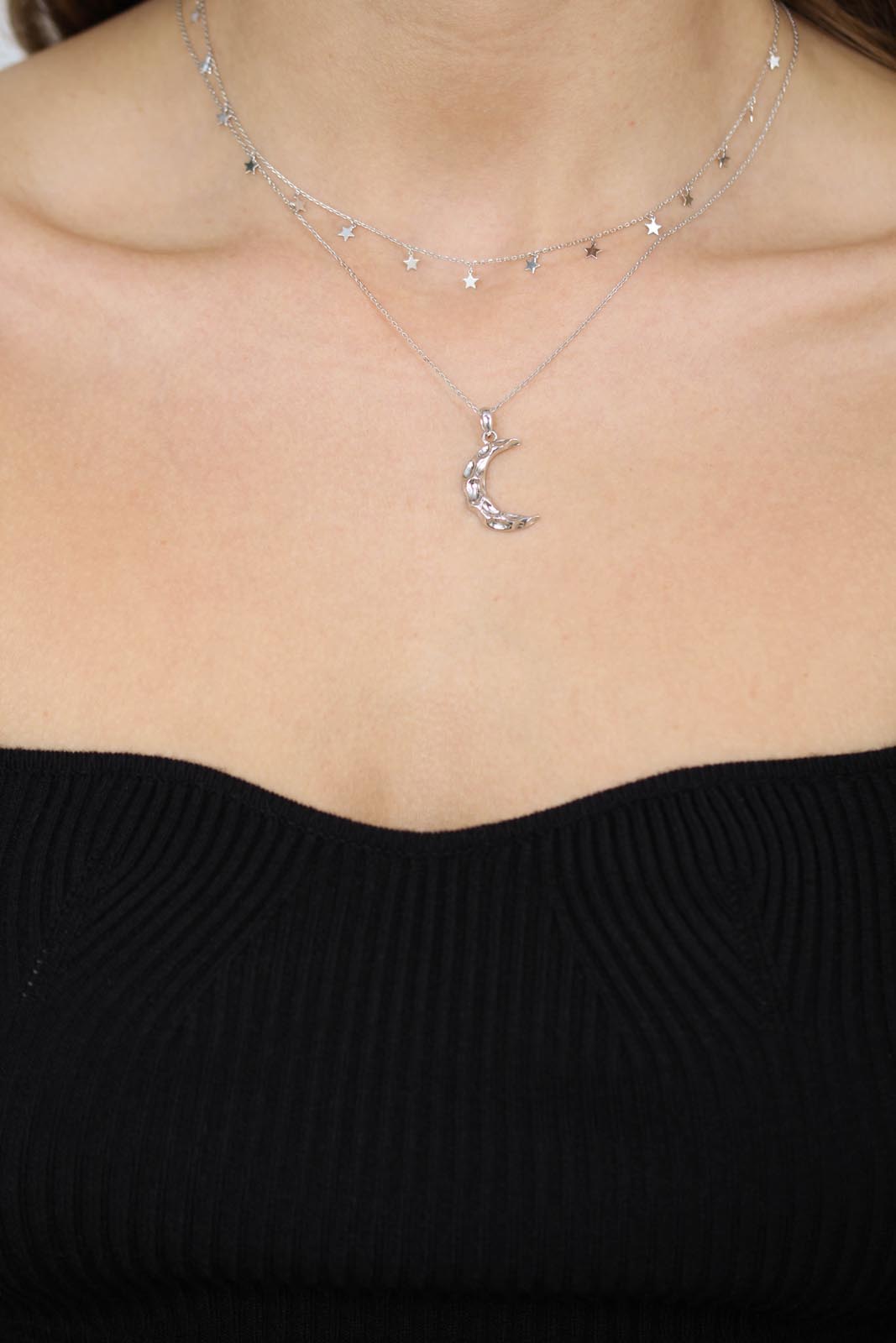 Charm necklace - Silver hammered crescent pendant