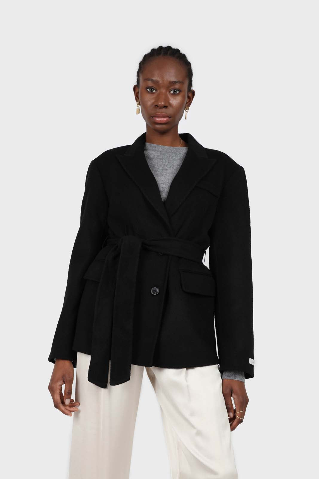 Black wool handmade tailored belted half coat
