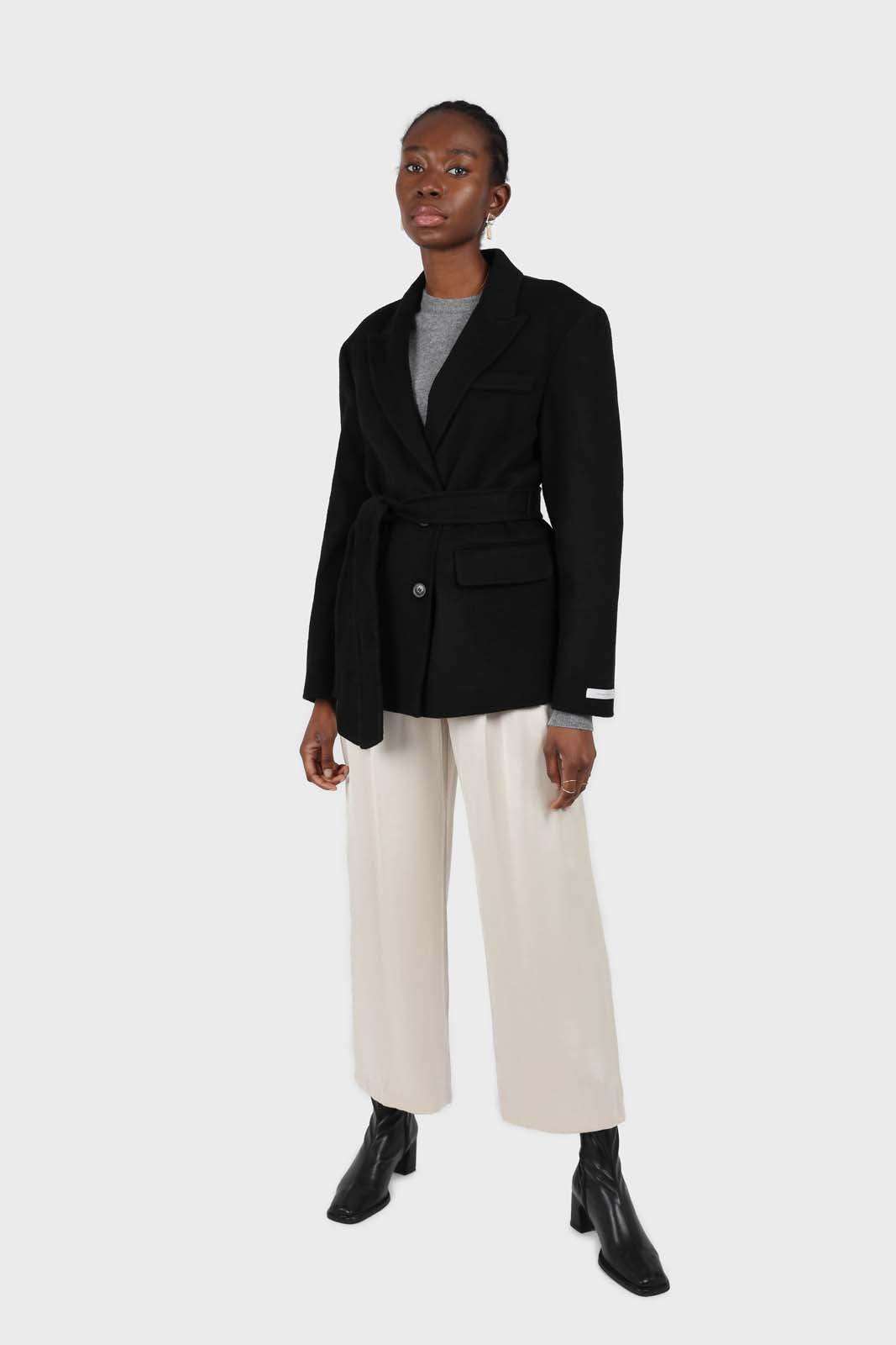 Black wool handmade tailored belted half coat