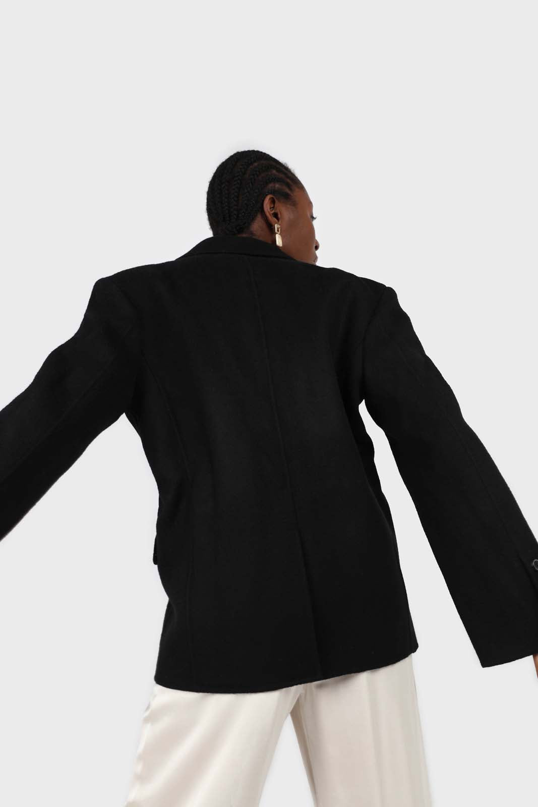 Black wool handmade tailored belted half coat