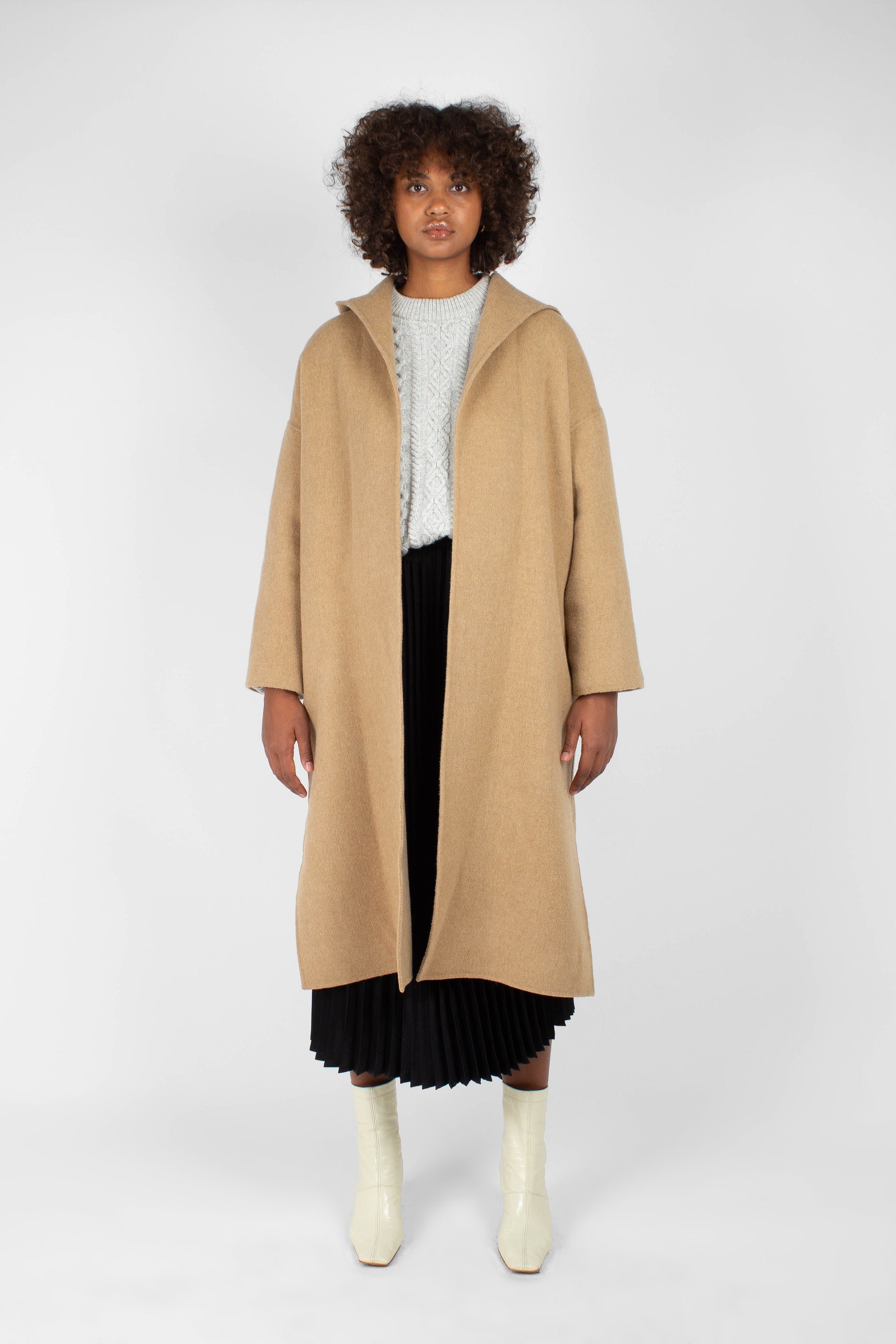 Camel wool handmade hooded long coat