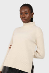 Ivory ribbed cashmere-wool turtleneck jumper