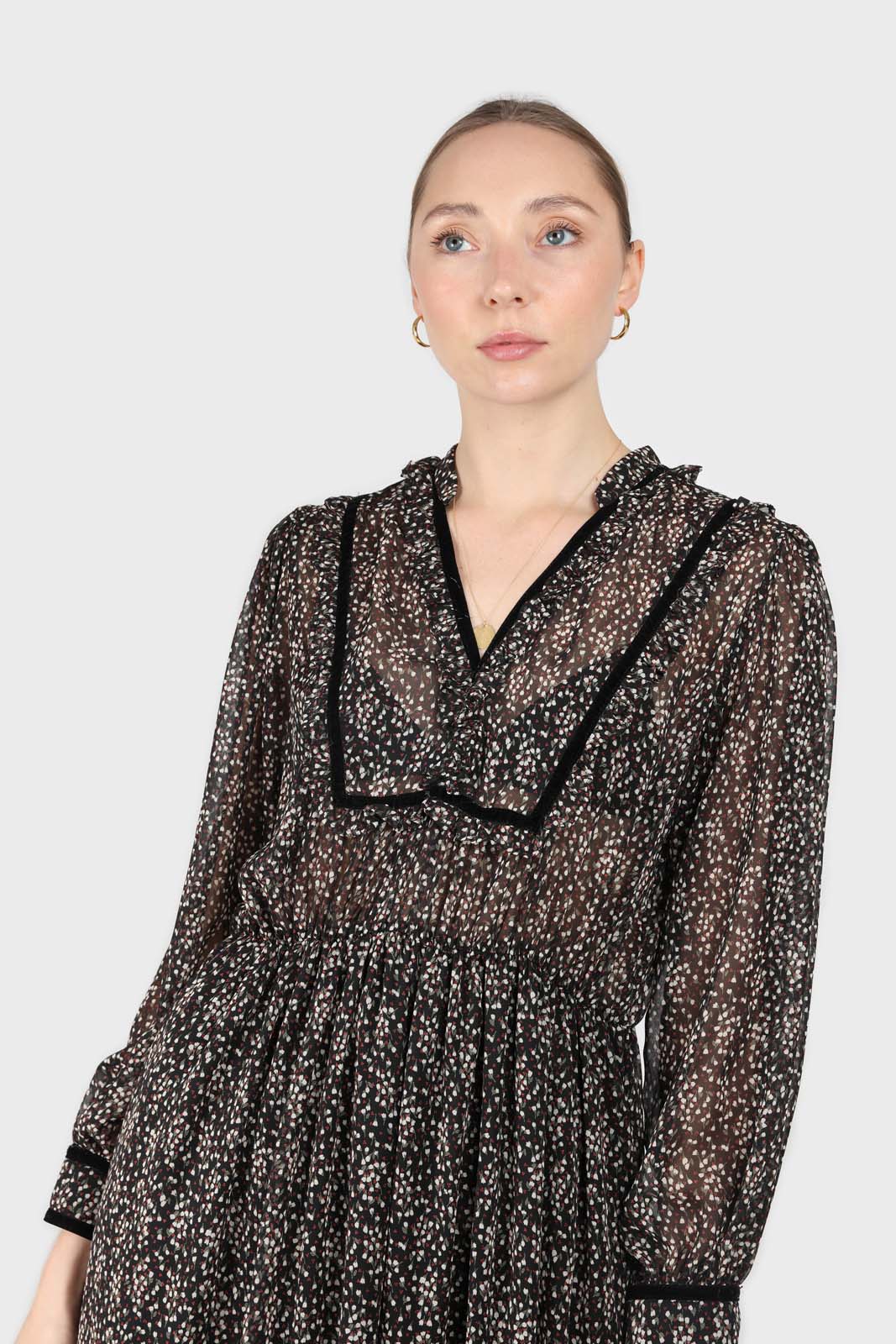 Black chiffon velvet trim floral maxi dress