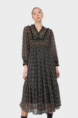 Black chiffon velvet trim floral maxi dress
