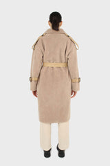 Beige vegan leather trim belted teddy coat