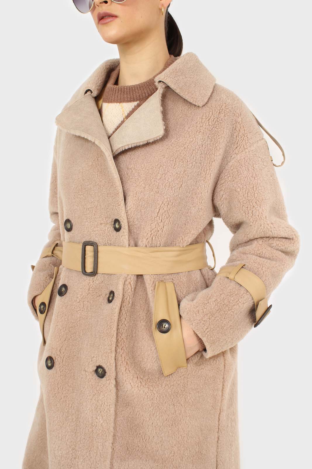 Beige vegan leather trim belted teddy coat
