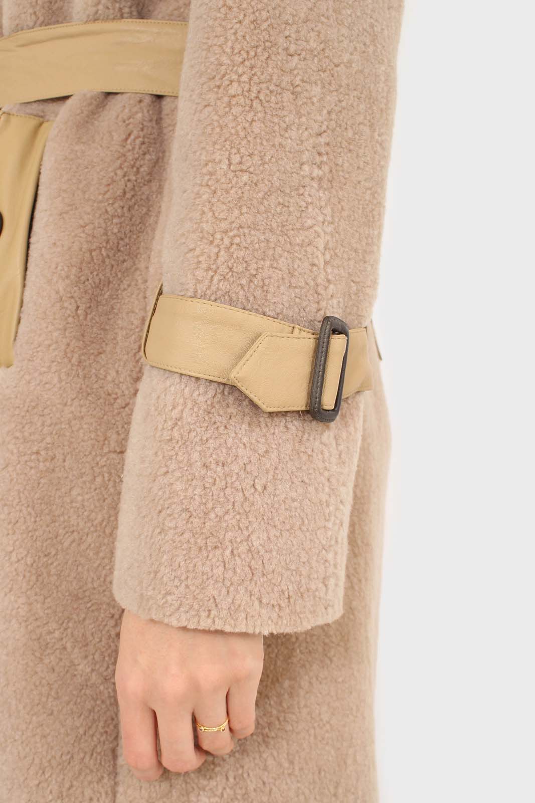 Beige vegan leather trim belted teddy coat