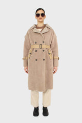 Beige vegan leather trim belted teddy coat