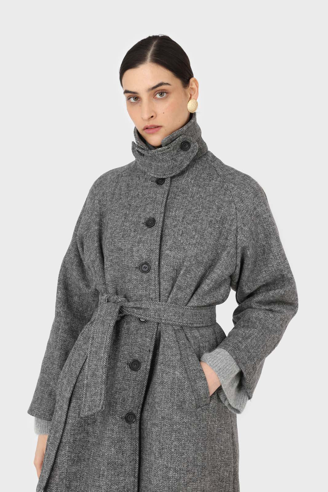 Black herringbone wool long coat