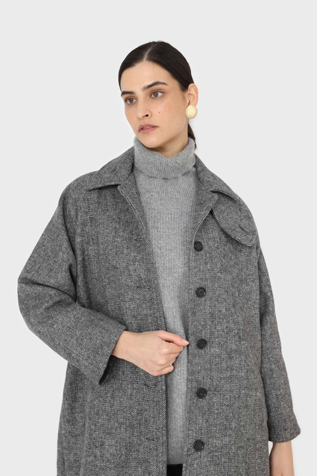 Black herringbone wool long coat
