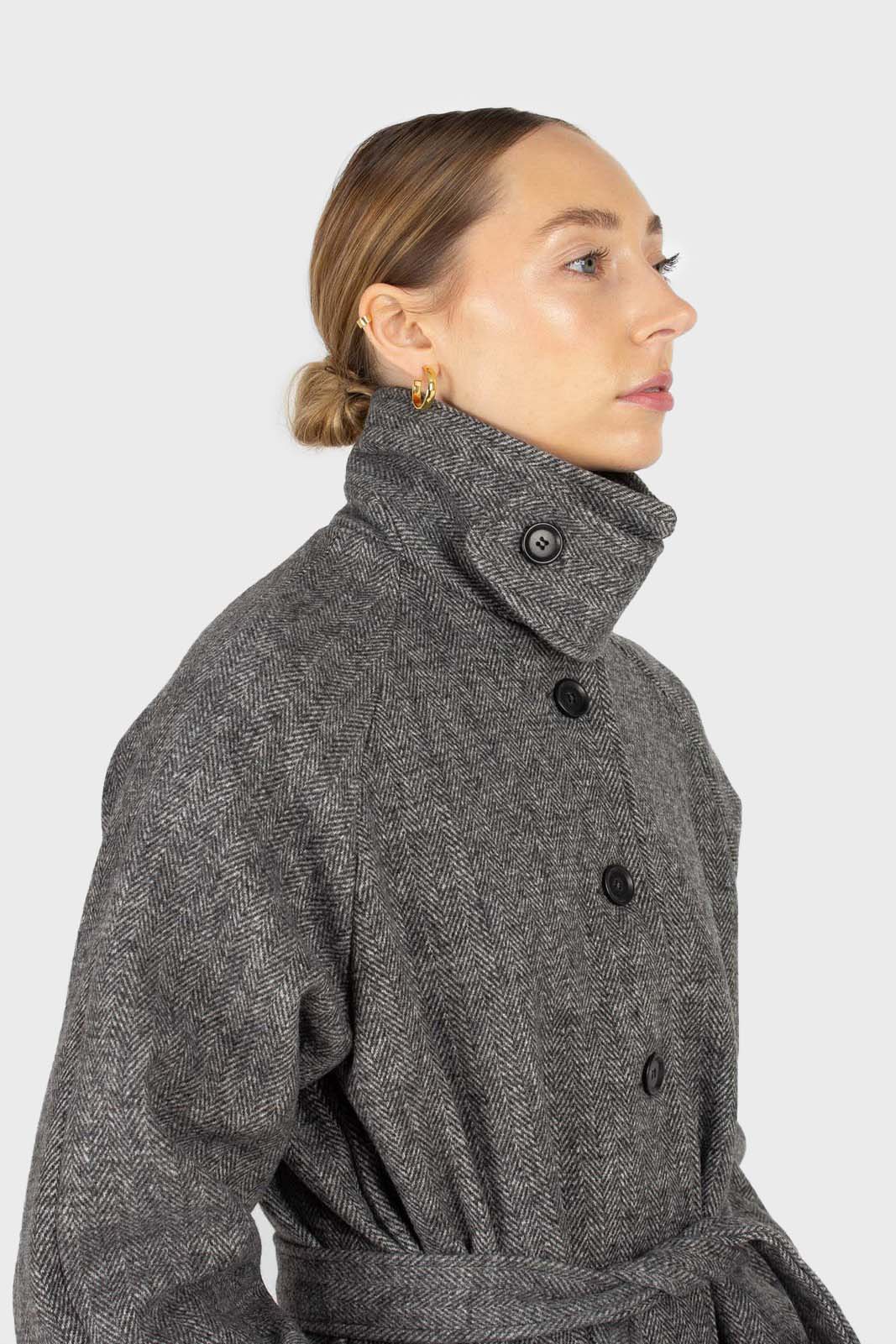 Black herringbone wool long coat