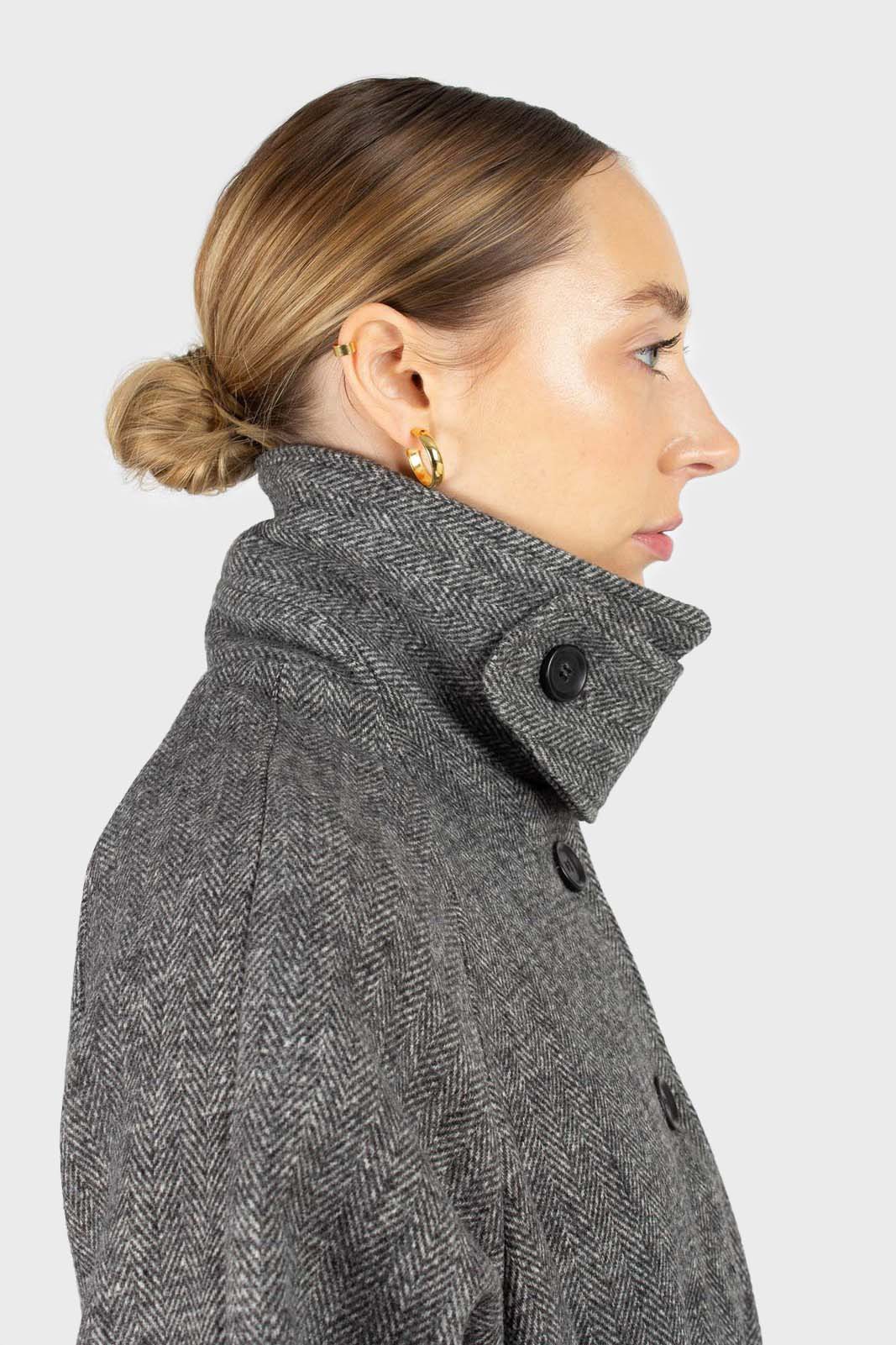 Black herringbone wool long coat