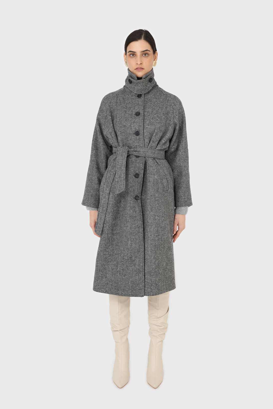 Black herringbone wool long coat