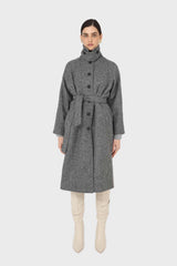 Black herringbone wool long coat