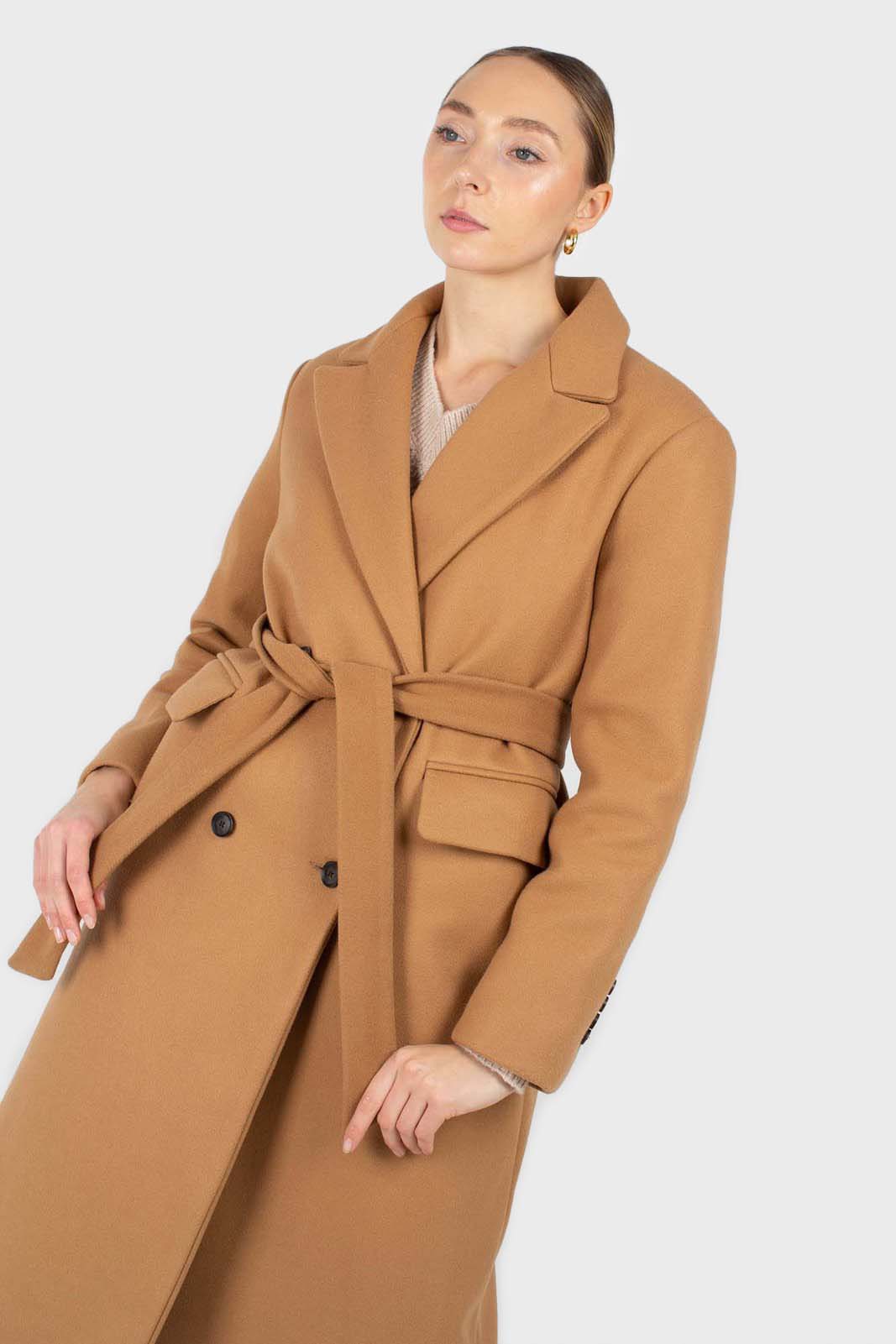 Camel double breasted wool belted long coat