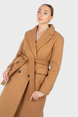 Camel double breasted wool belted long coat