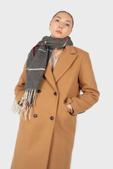 Camel double breasted wool belted long coat