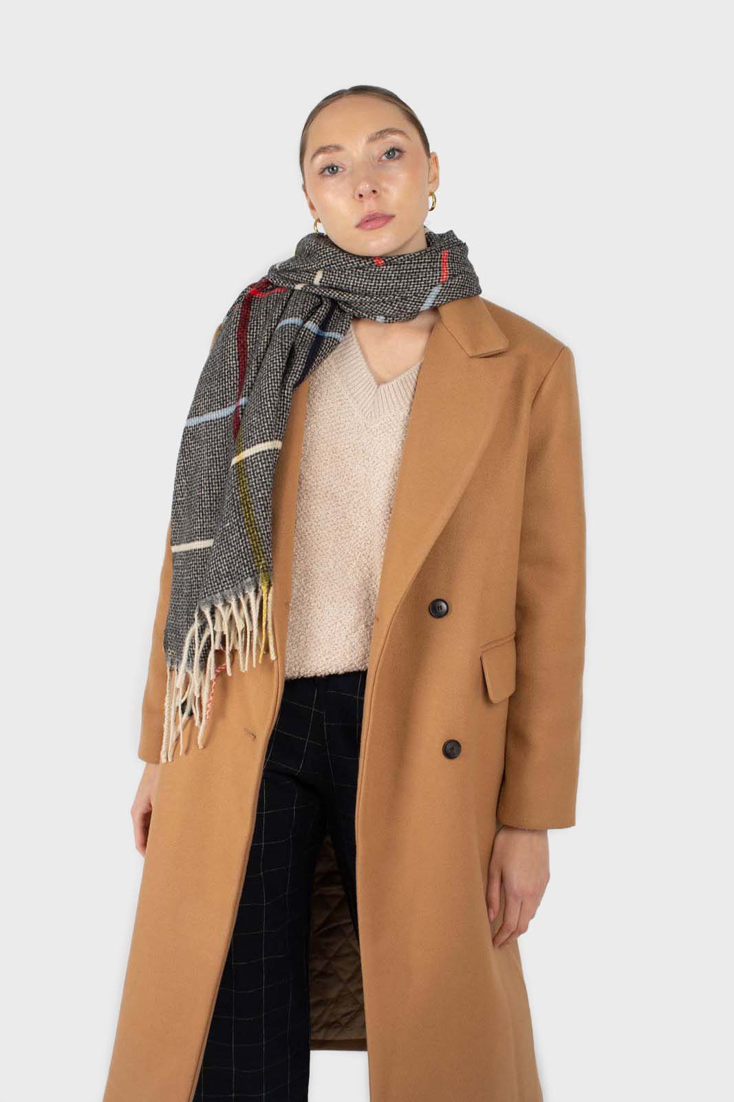 Camel double breasted wool belted long coat