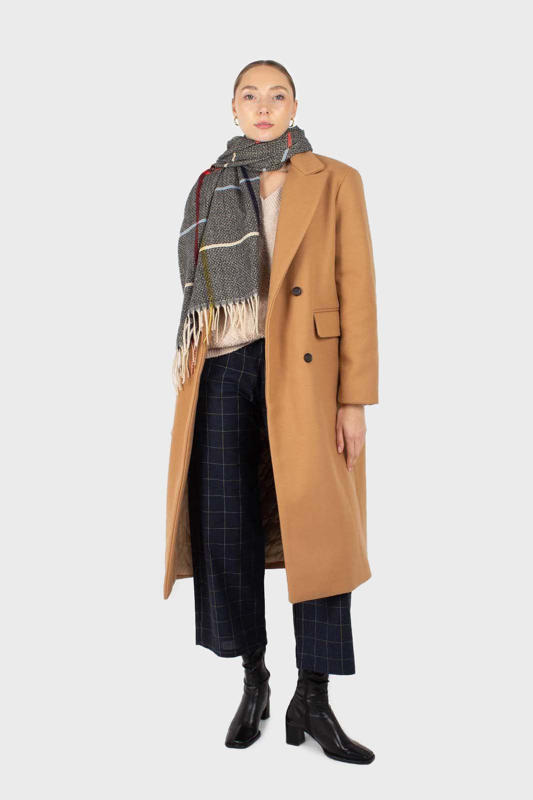 Camel double breasted wool belted long coat