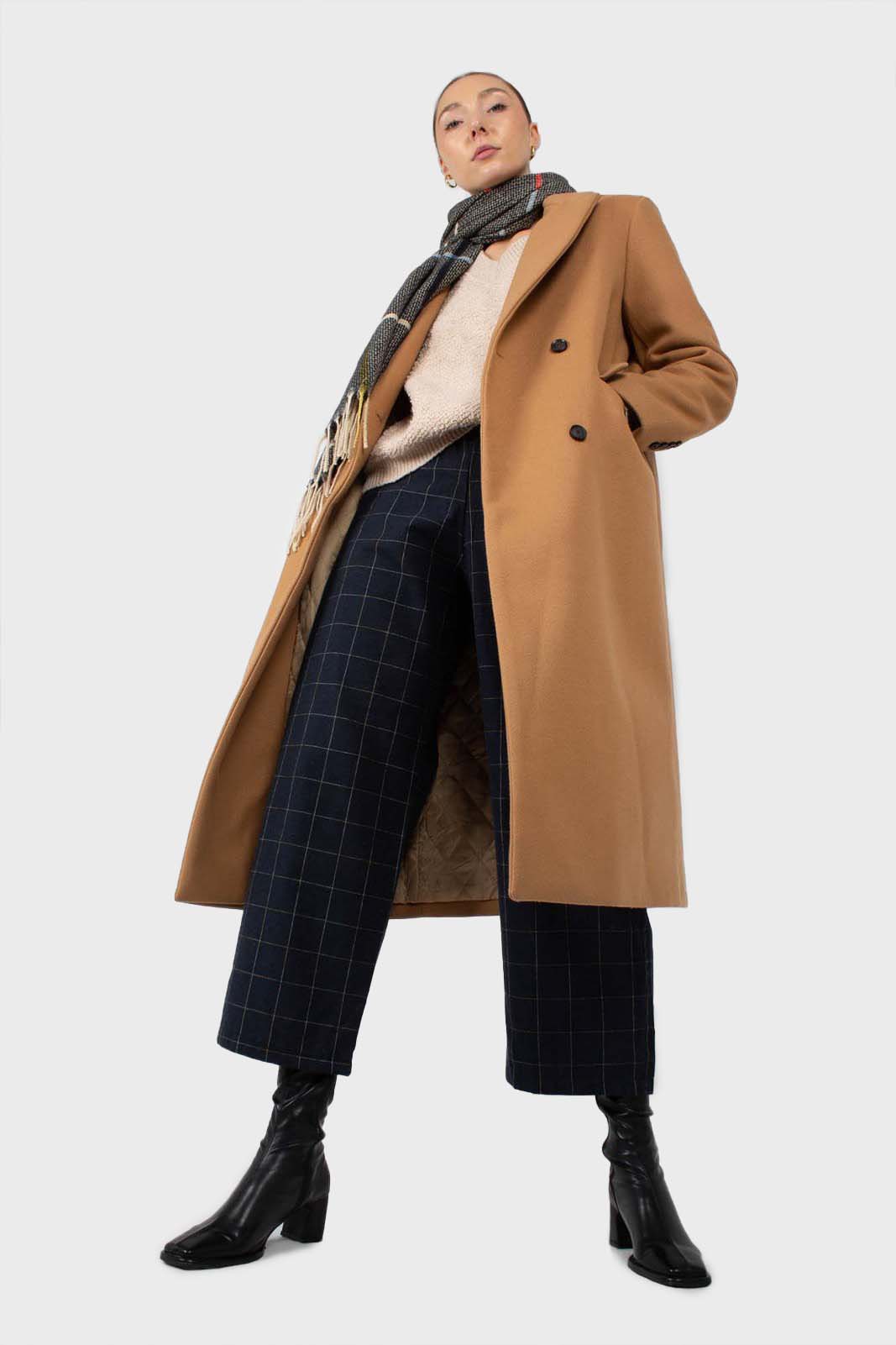 Camel double breasted wool belted long coat
