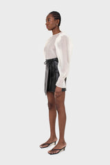 Black vegan leather wrapped tie mini skirt