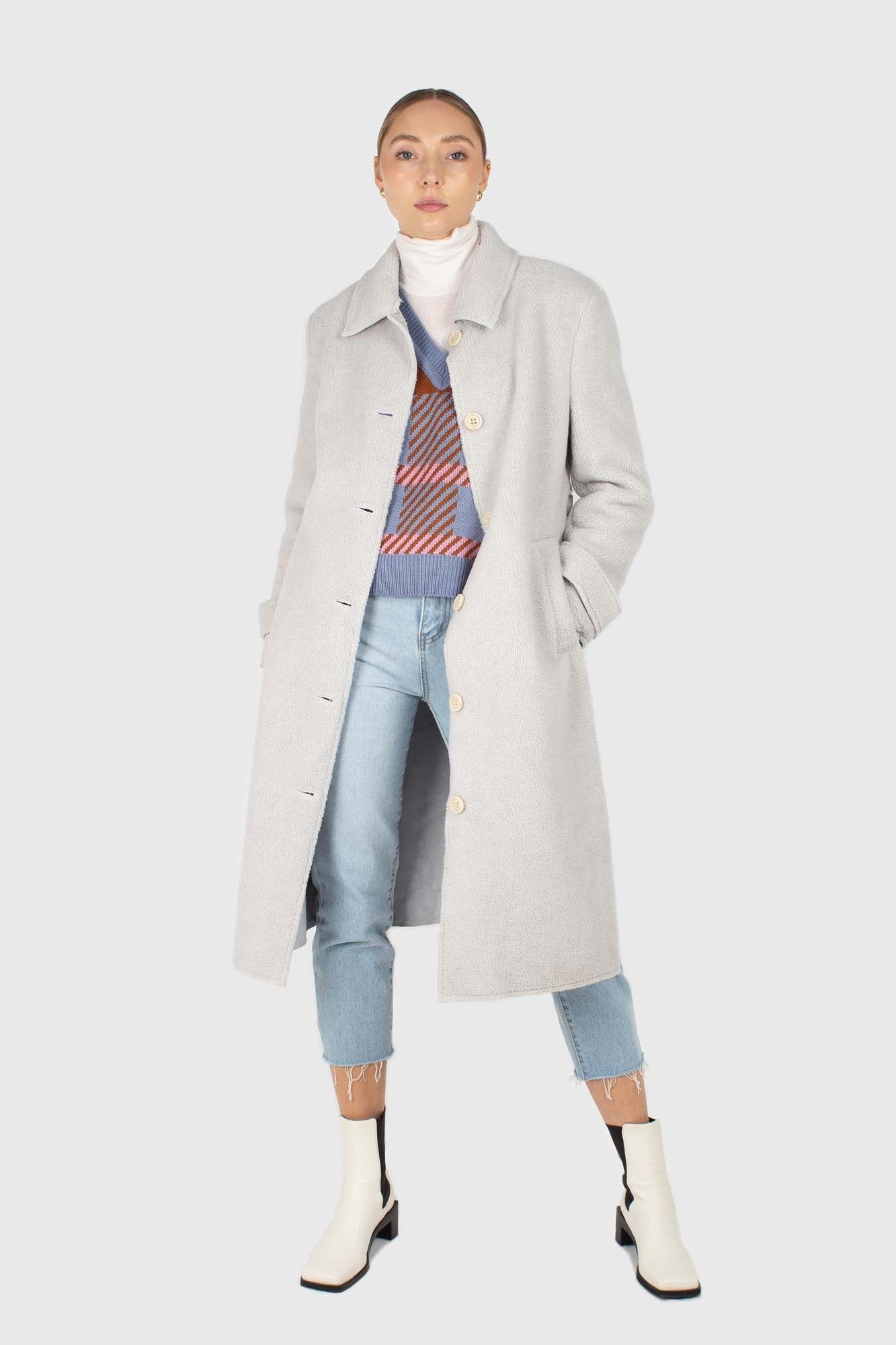 Light blue vegan mustang belted long coat