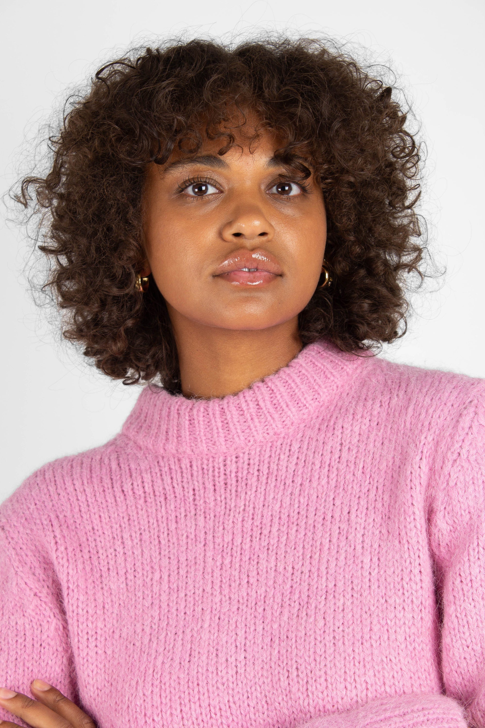 Bright pink high crew neck alpaca jumper