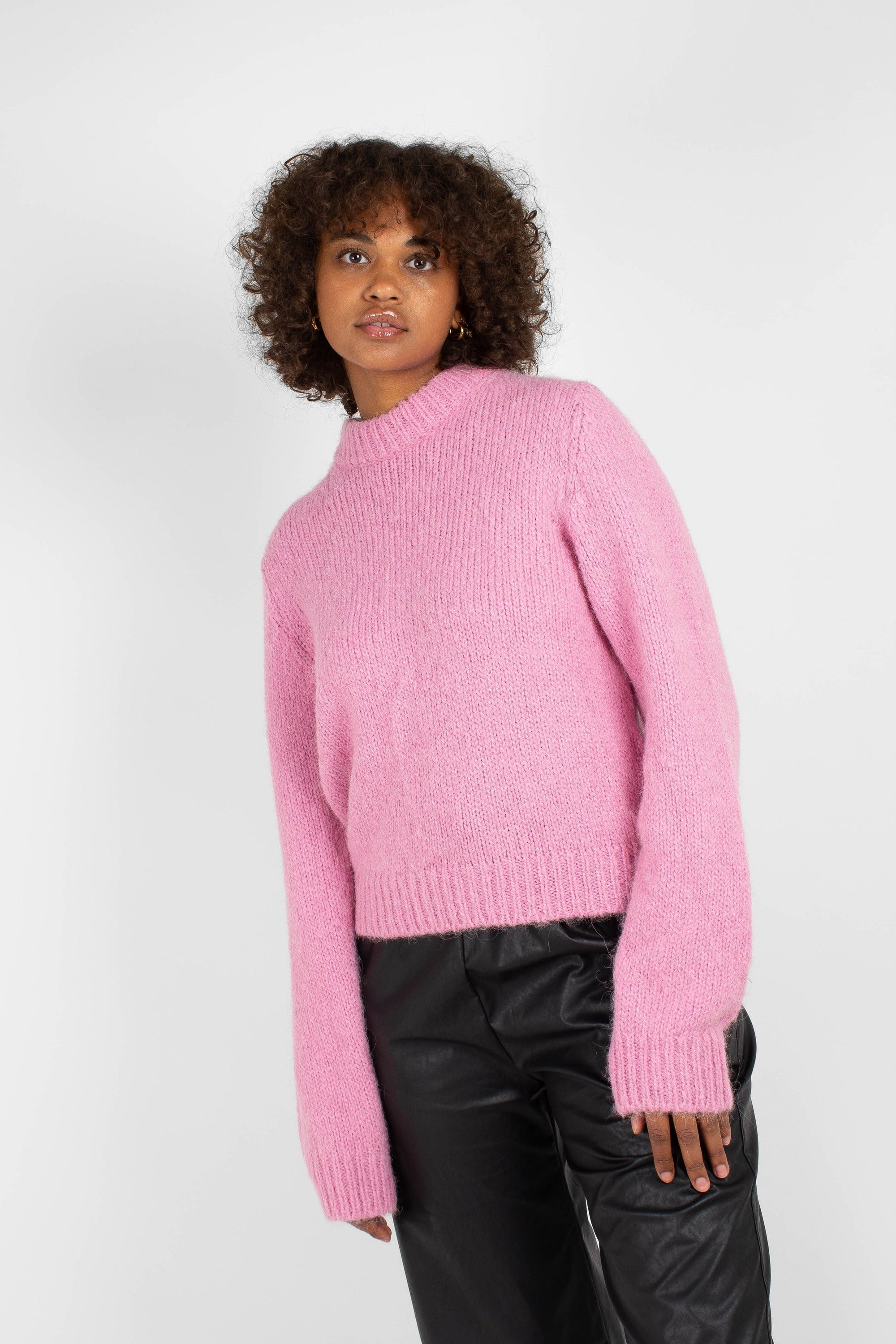 Bright pink high crew neck alpaca jumper