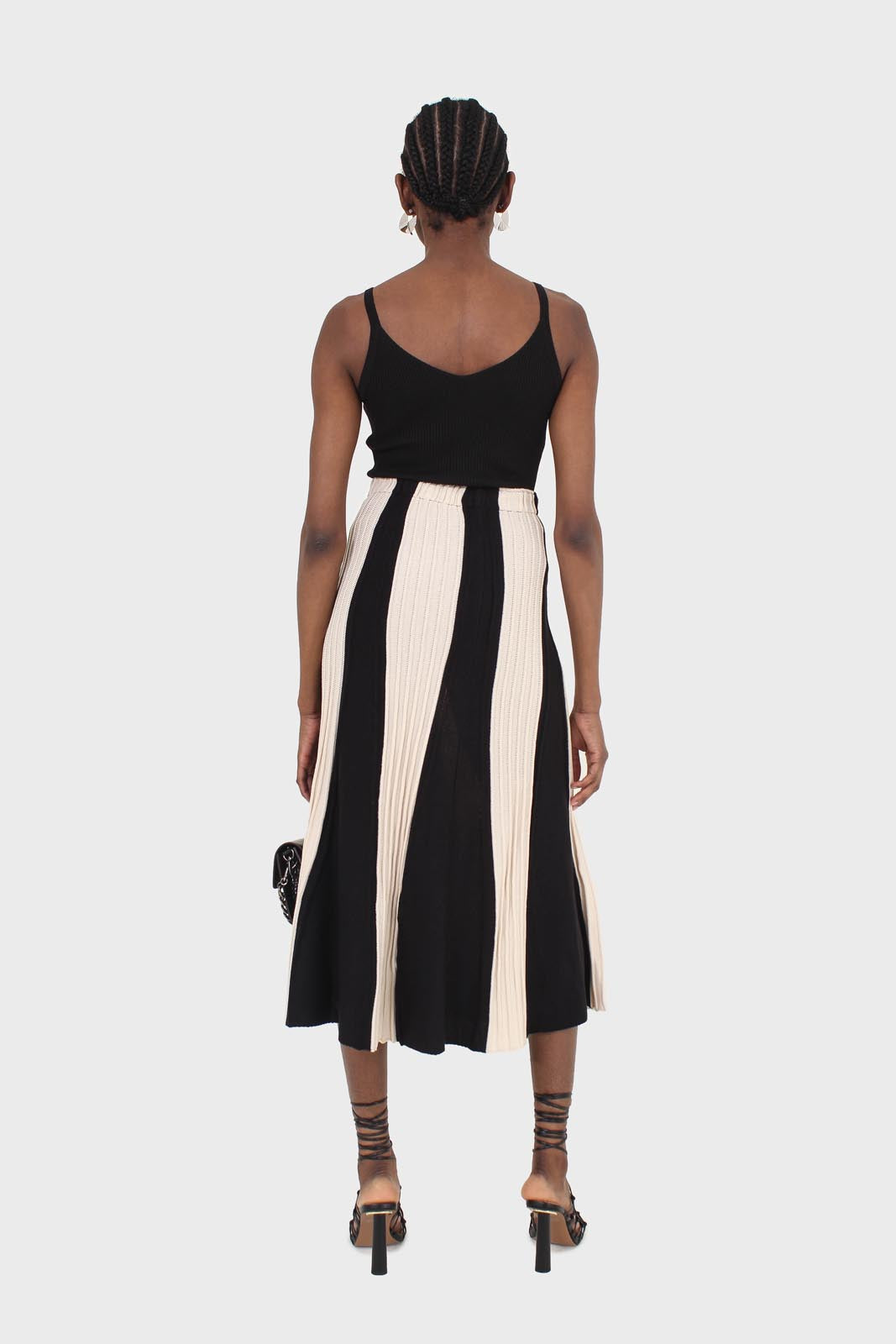 Black and ivory thick stripe flare knit midi skirt