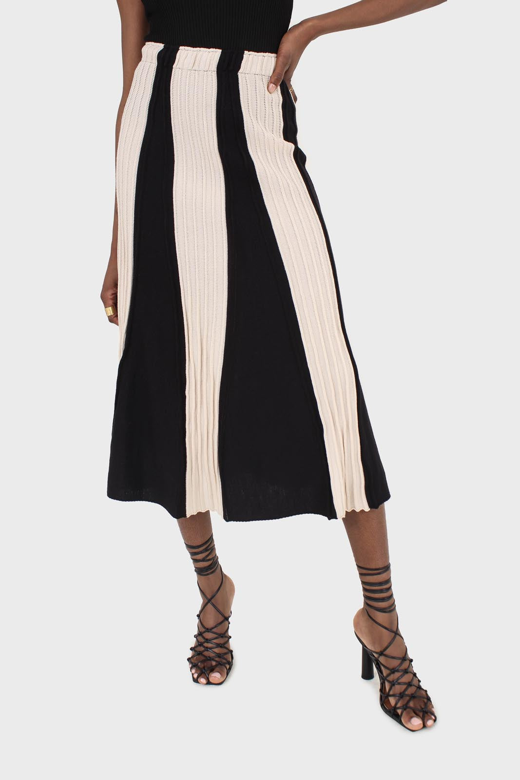 Black and ivory thick stripe flare knit midi skirt