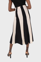 Black and ivory thick stripe flare knit midi skirt