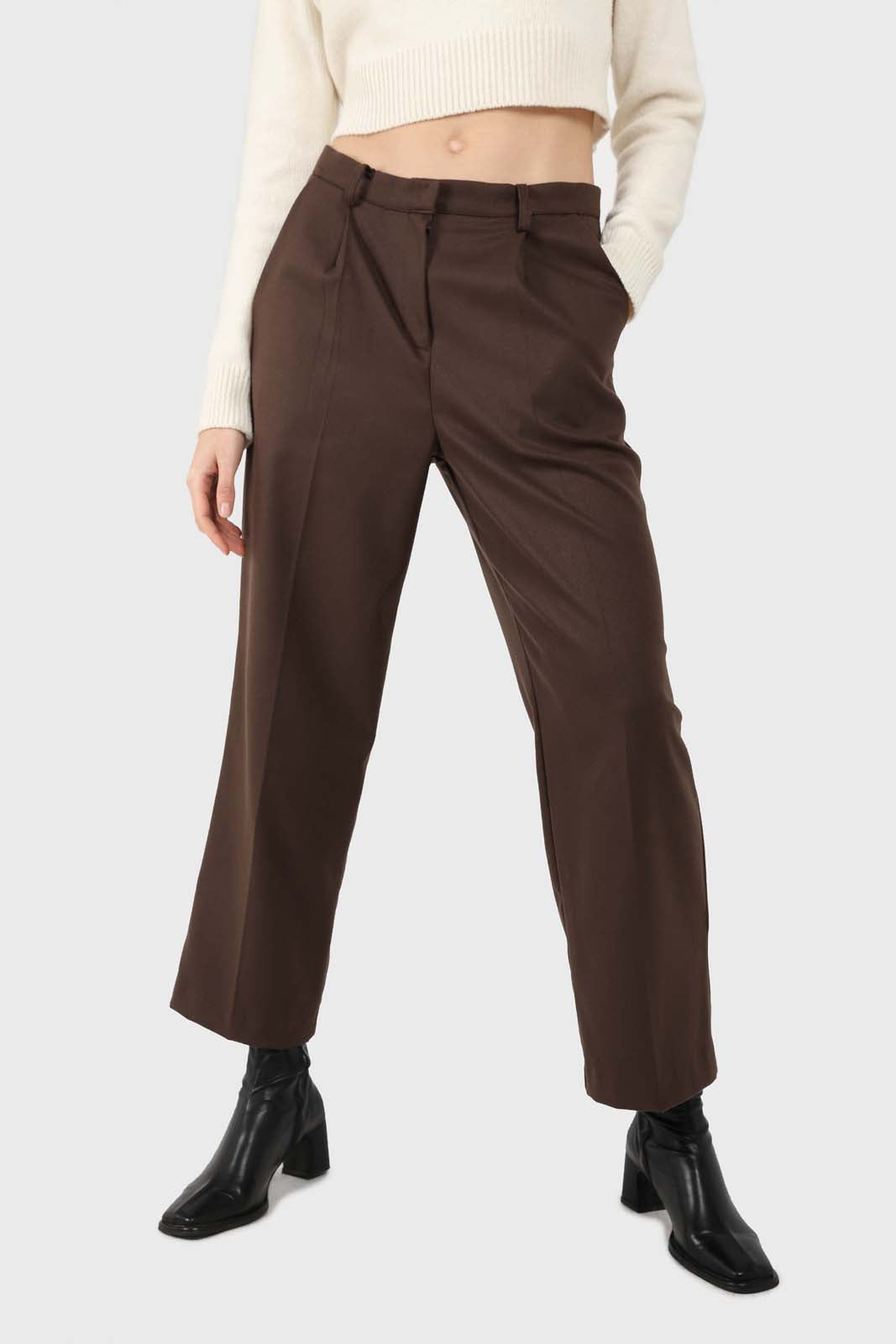 Brown wool tucked tailored trousers