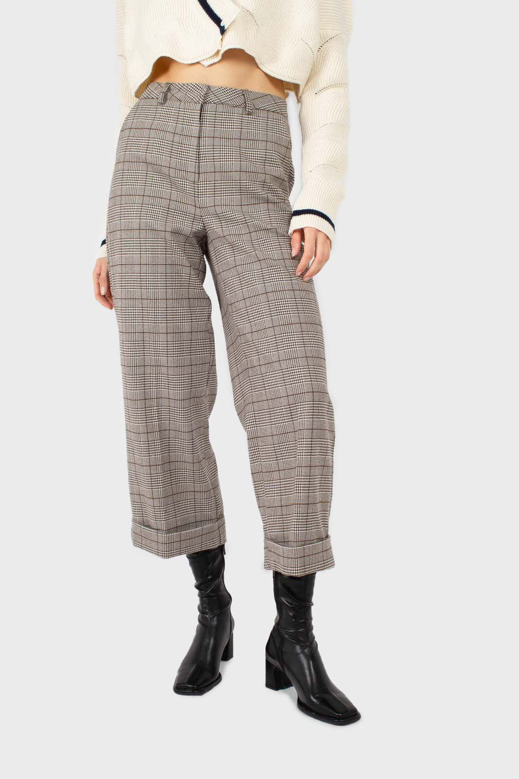 Brown checked turnup wool trousers