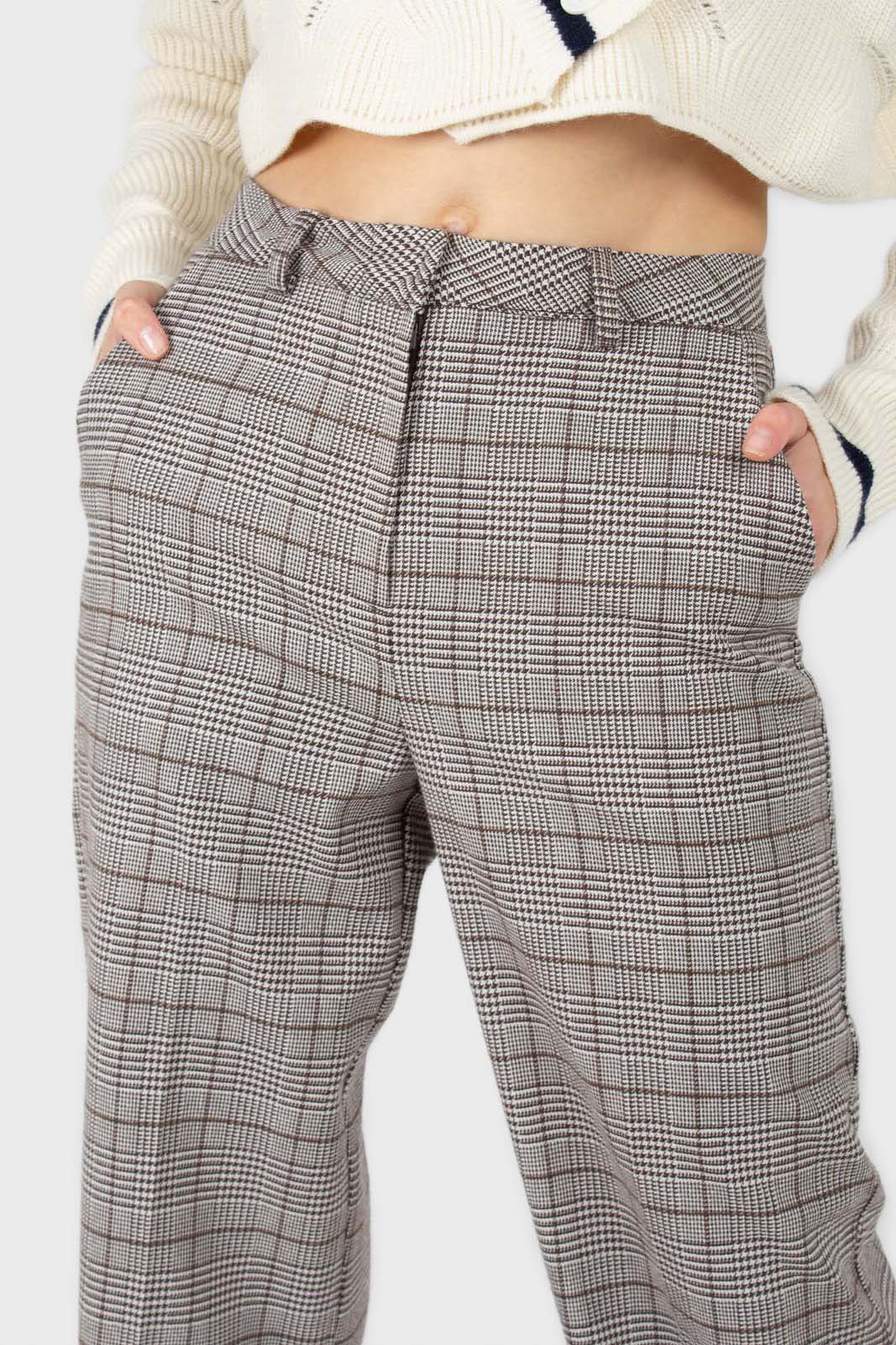 Brown checked turnup wool trousers