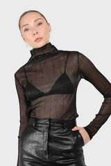 Black metallic sheer turtleneck top