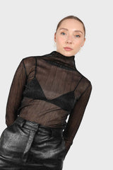 Black metallic sheer turtleneck top