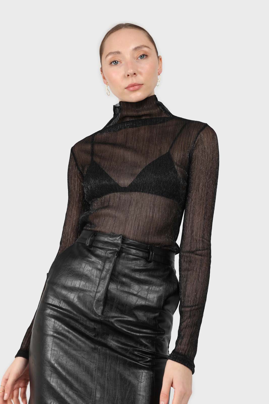 Black metallic sheer turtleneck top