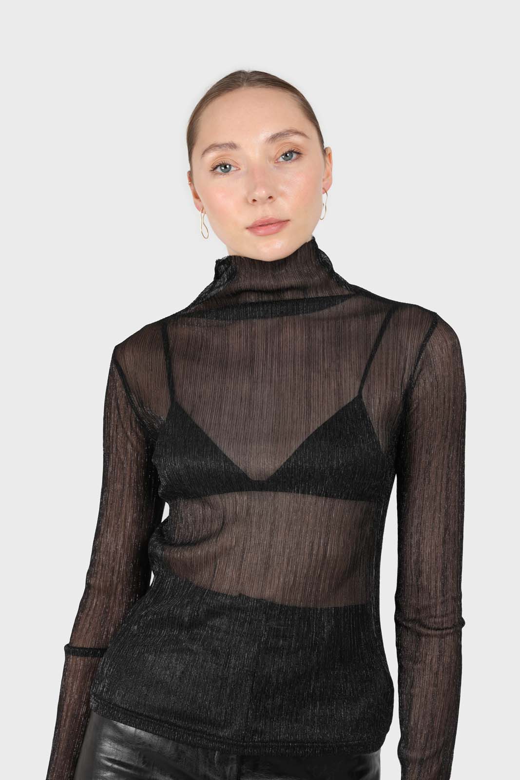 Black metallic sheer turtleneck top